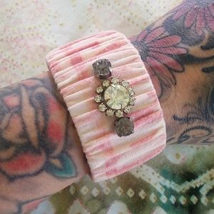 ❤ Artisan Vintage Sugar Sack Rhinestone Glam Farmhouse Style Cuff Bracelet